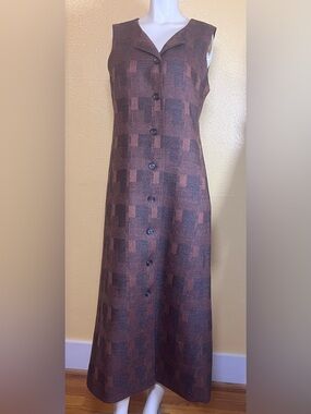 Vintage Harve Benard Sleeveless Button-Front Brown & Black -Likely Wool- Dress